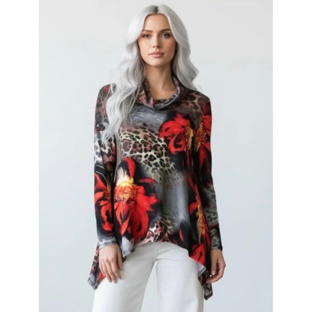 Boston Proper Leopard Floral Cowl Neck Sharkbite Tunic Top Red Grey XXS